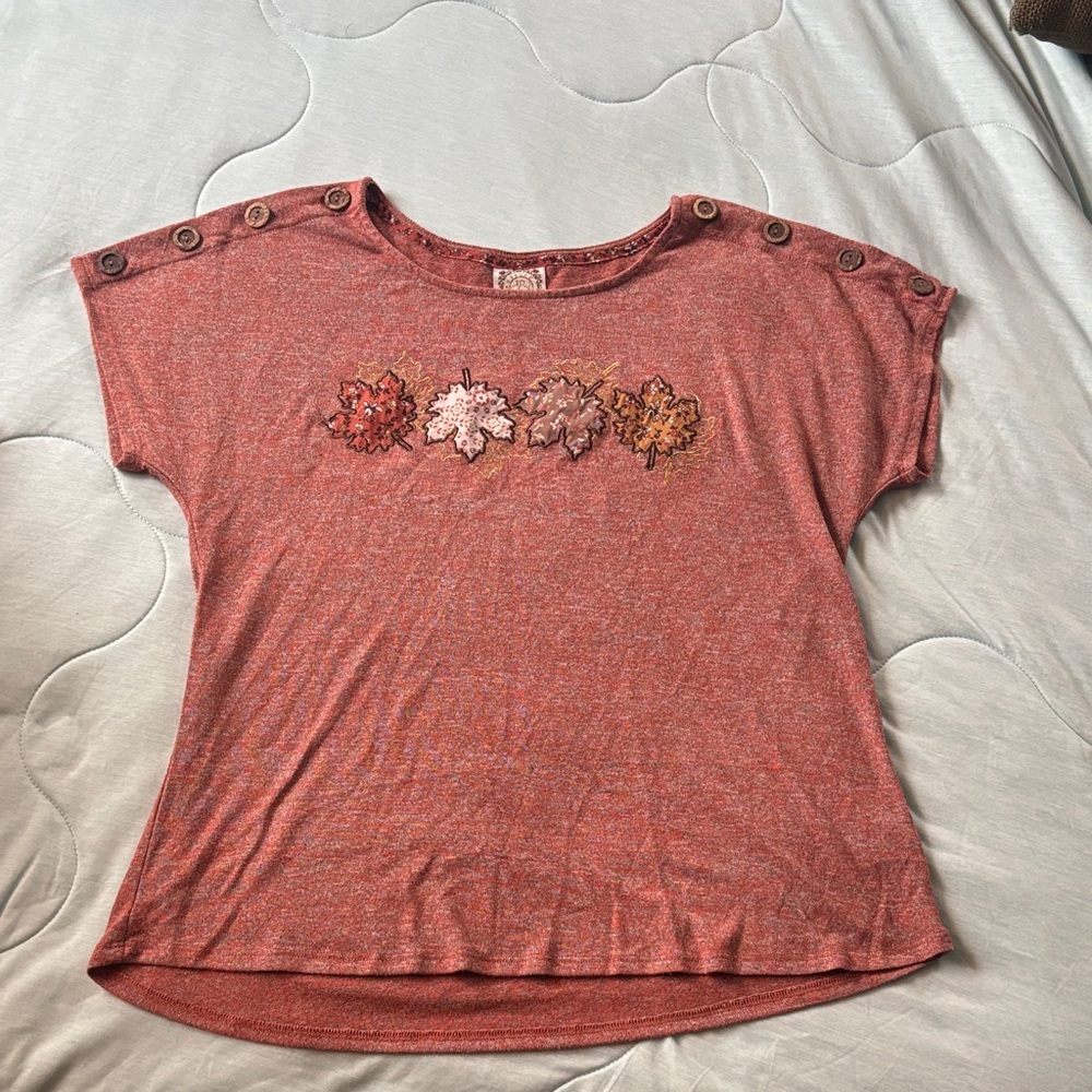 Russell Athletic Heathered Red Tee with Floral Trim